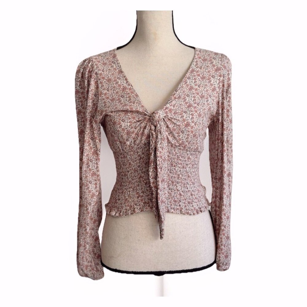American Eagle Y2K Floral Milkmaid Smocked Tie Front Top Women Small Boho